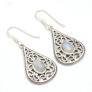 Oval Rainbow Moonstone Gemstone Earrings 925 Sterling Silver