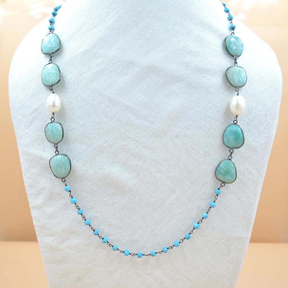 Amazonite & Pearl With Turquoise Gemstone Necklace 925 Sterling Silver Gemstone Jewelry Wholesale Supplier
