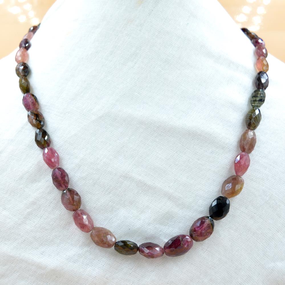 Beads Chain Multi Tourmaline Beaded Gemstone 925 Sterling Silver Necklaces Gold Plated Fine Jewelry