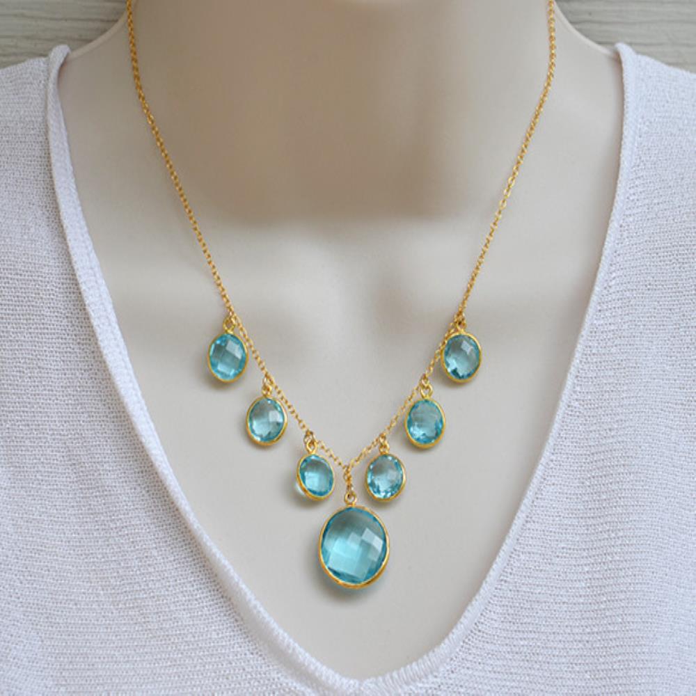 18k Gold Plated Round Blue topaz Gemstone Pendant Necklace, 925 Sterling Silver Blue topaz Pendant Chain Necklace