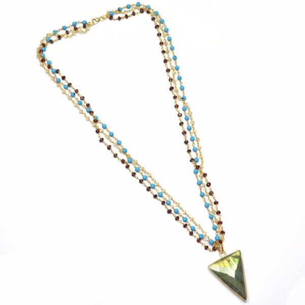 18k Gold Plated Garnet, Crystal and Turquoise Bead Chain With Labradorite Gemstone Pendant, 925 Sterling Silver Necklace
