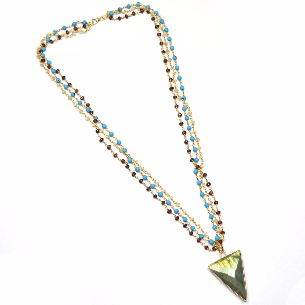 18k Gold Plated Garnet, Crystal and Turquoise Bead Chain With Labradorite Gemstone Pendant, 925 Sterling Silver Necklace