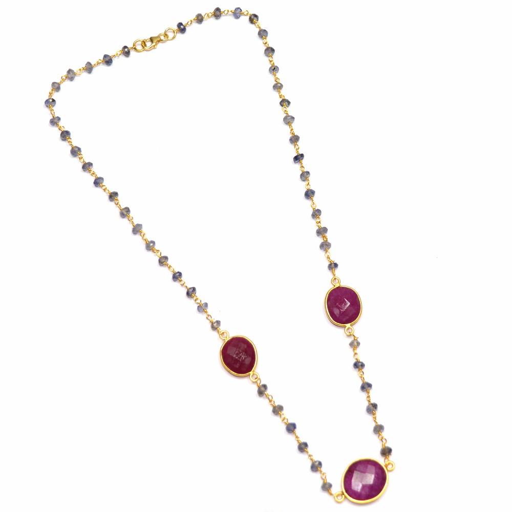 Natural Iolite with Dyed Ruby Gemstone 925 Sterling Silver Necklace, Oval Shape 18k Micron Gold Plated Necklace Jewelry Supplies
