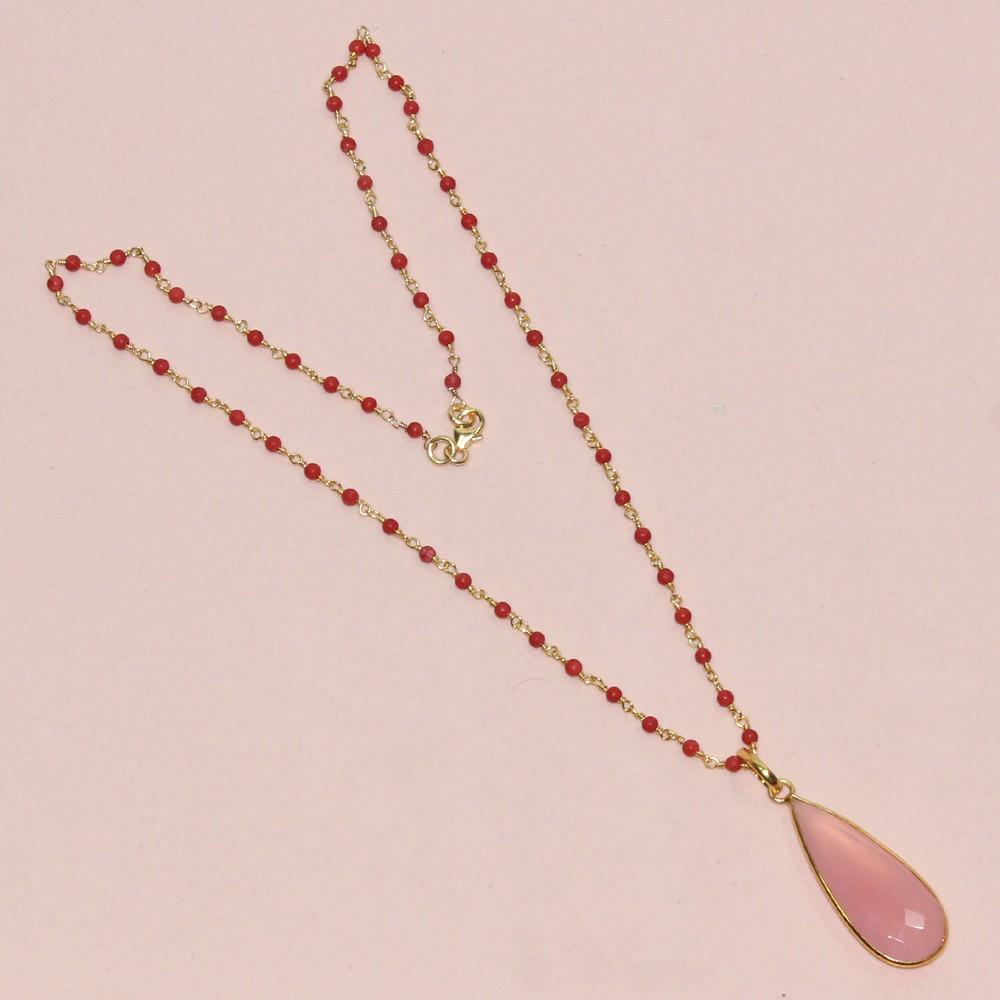 Vintage Natural Pink Chalcedony Gemstone With Coral Pear Shape Sterling Silver Necklace, Wholesale Pink Gemstone Pendant Jewelry