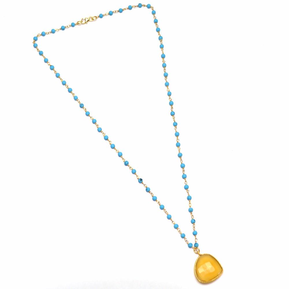 Turquoise & Yellow Chalcedony Gemstone 925 Sterling Silver Necklace, Gorgeous Link Chain Jewelry For Wholesale Suppliers