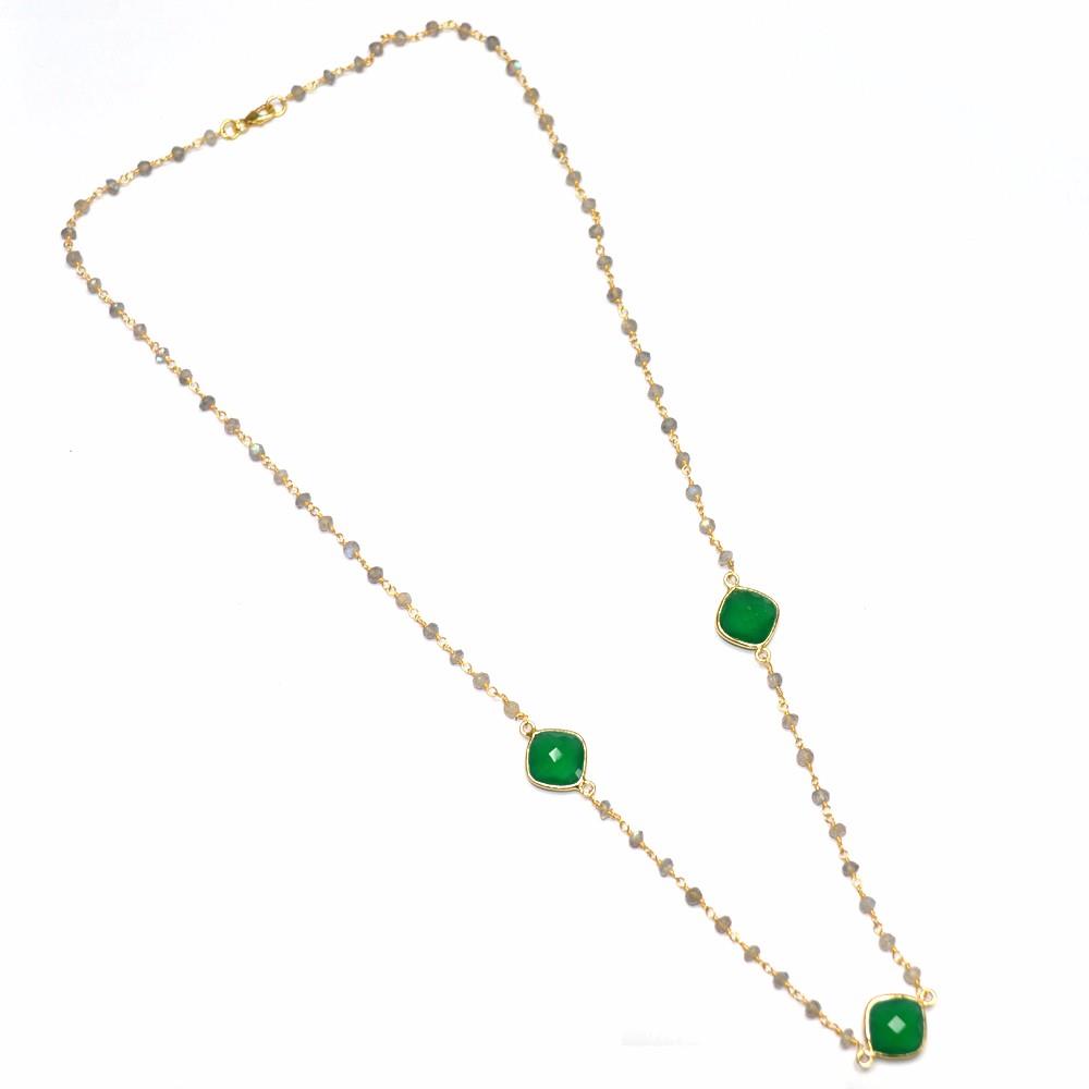 Natural Green Onyx Gemstone 925 Sterling Silver Necklace, Wholesale Green Gemstone Gold Plated Wire Wrap Chain For Suppliers