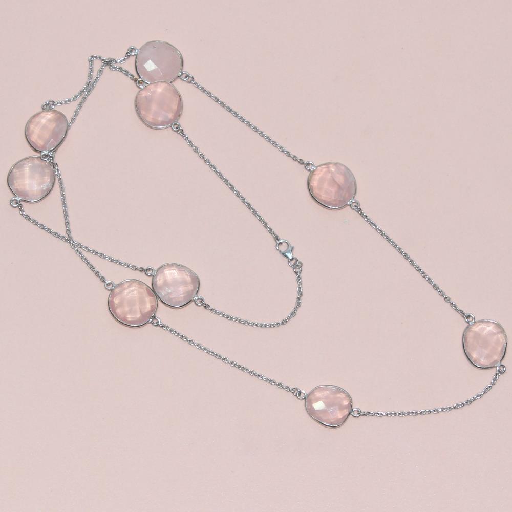 Rose Quartz Natural Gemstone Round Shape 925 Sterling Silver Necklace For Women Hot Sale 2023 Fashion
