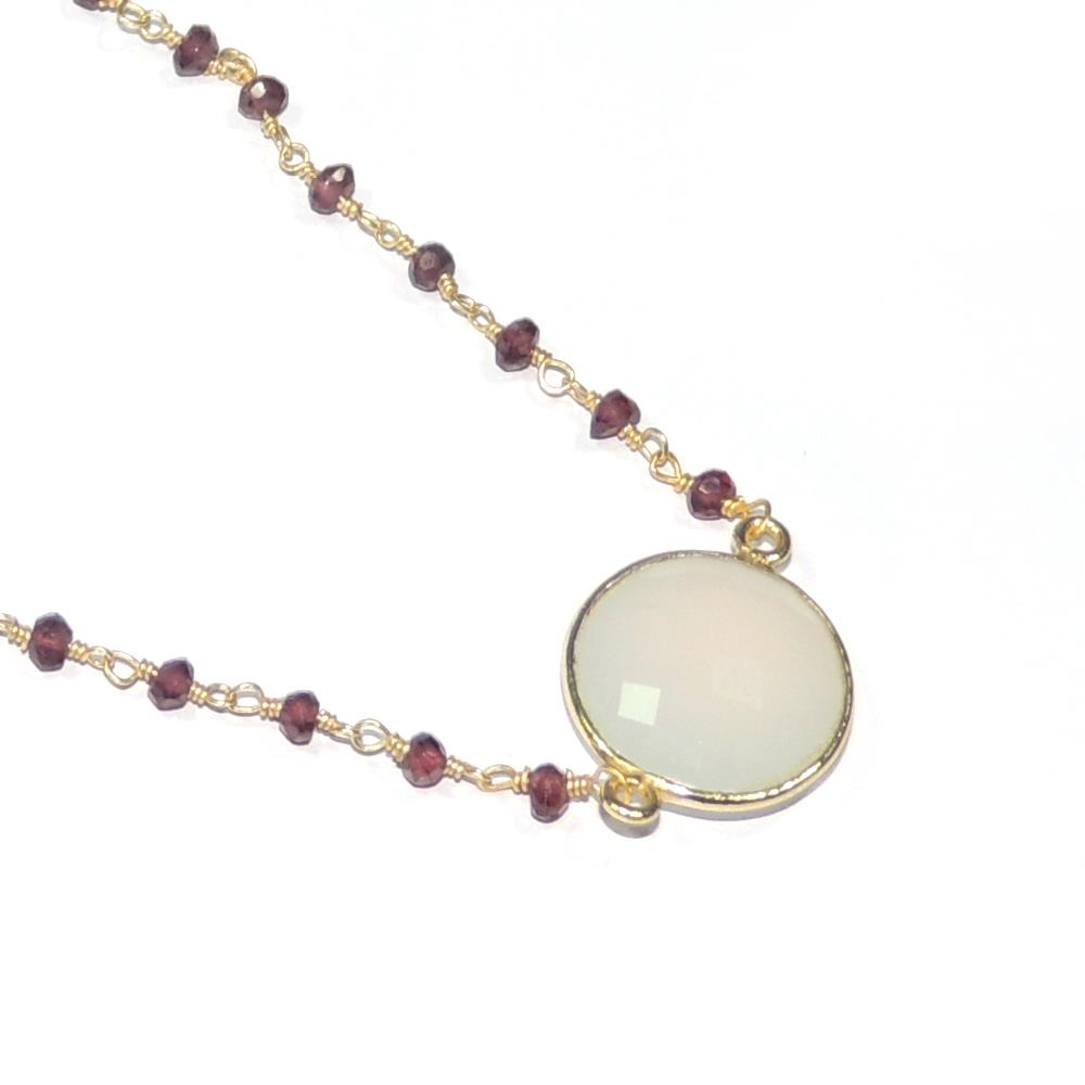 Round Shape Natural Garnet With White Chalcedony Sterling Silver Necklace 18k Gold Plated Wire Wrap Chain Necklace For Supplier