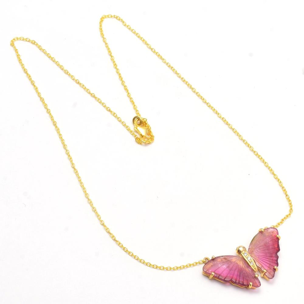 Natural Pink Tourmaline Gemstone Butterfly Pendant Sterling Silver Gold Plated Pendant Insect Chain Necklace Jewelry Suppilers