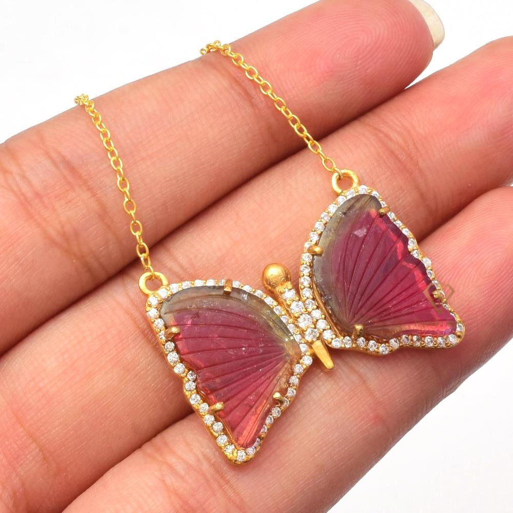 Multi Tourmaline Gemstone Butterfly Pendant For Necklace 925 Sterling Silver 18k Gold Plated Wing Carved Chain For Wholesaler