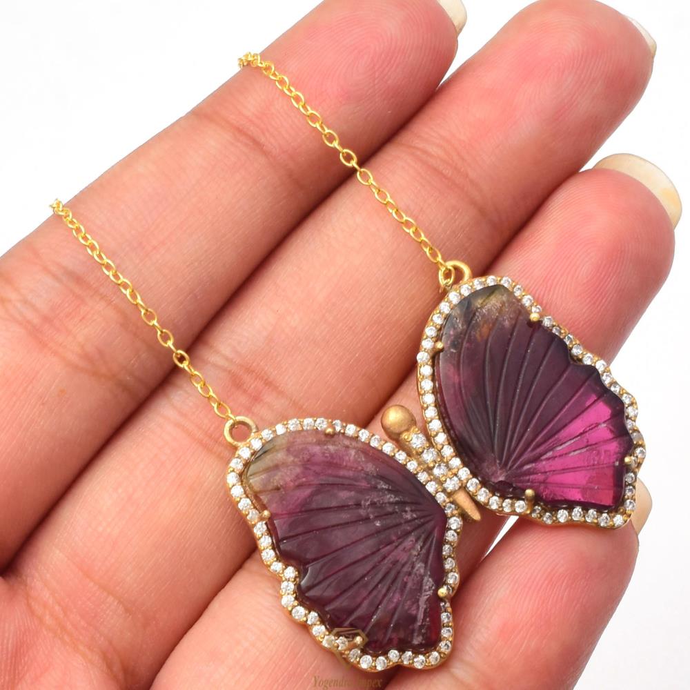 Natural Bi-Color Tourmaline Butterfly Pendant 925 Sterling Silver 18k Gold Plated Butterfly Pendant Chain Necklace For Supplier