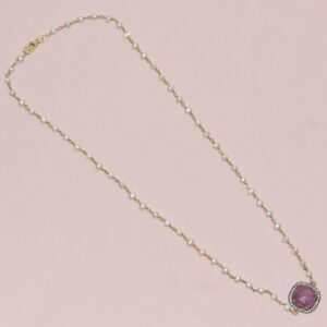 Red Sapphire Gemstone with Pearl Beads Round Shape 925 Sterling Silver Necklace Latest Design Necklace
