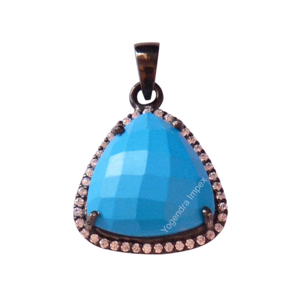 Trillion Shape Natural Turquoise Gemstone Pendant Jewelry/ Black Rhodium Plated 925 Sterling Silver Pendant Women