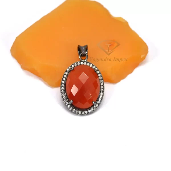 Oval Shape Gorgeous Carnelian Gemstone Pendant/ Black Rhodium Plated 925 Sterling Silver Pendant Jewelry