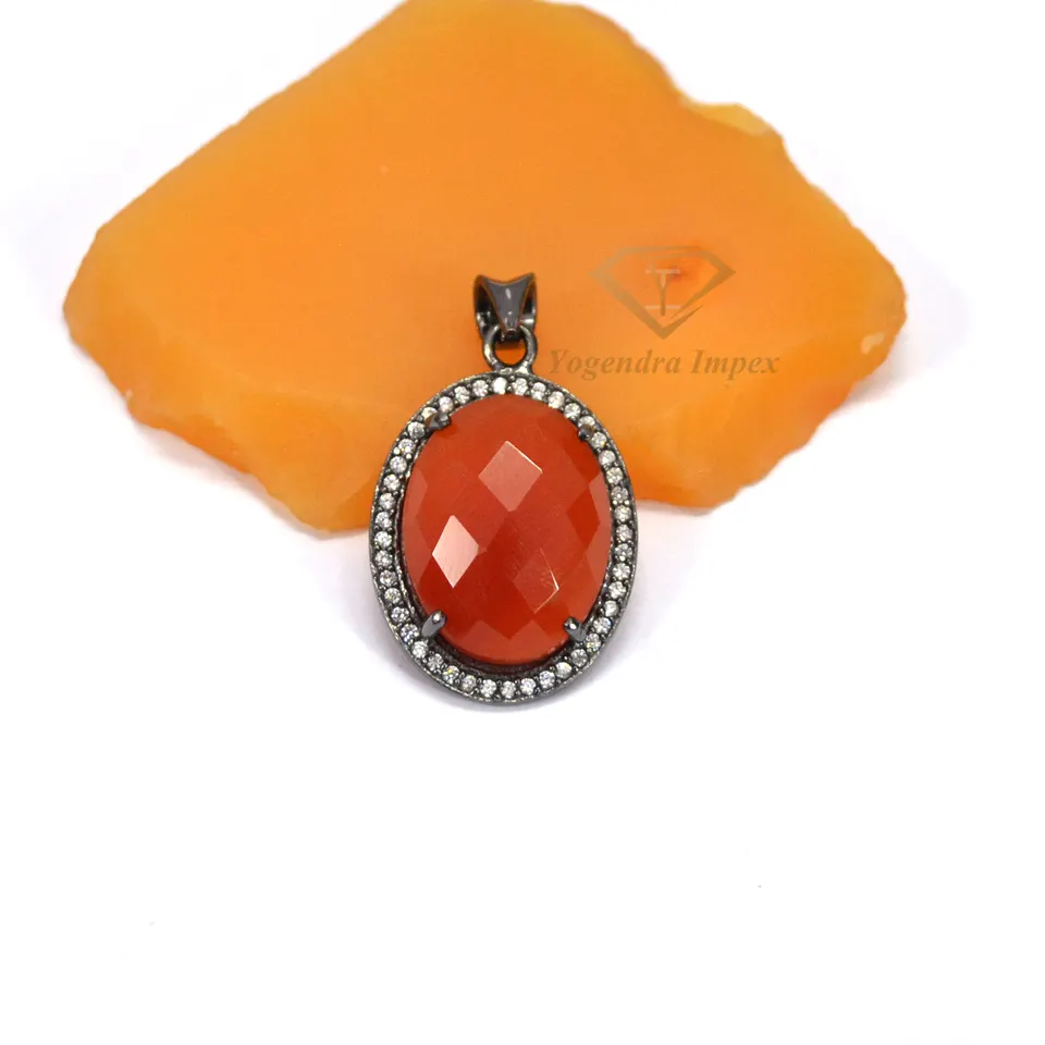 Oval Shape Gorgeous Carnelian Gemstone Pendant/ Black Rhodium Plated 925 Sterling Silver Pendant Jewelry