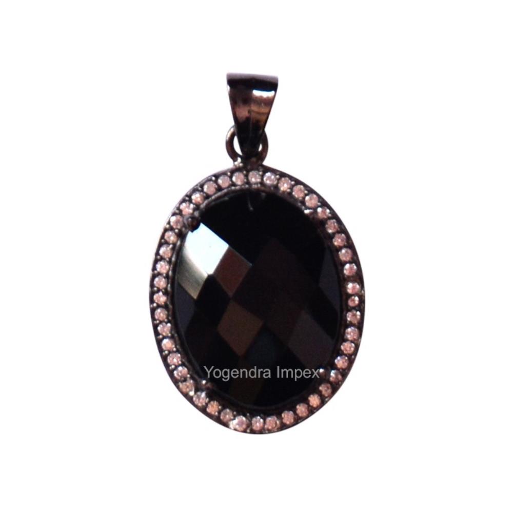 Oval Shape Black Onyx Gemstone Pendant/ 925 Sterling Silver Black Rhodium Plated Pendant Jewelry For Suppliers