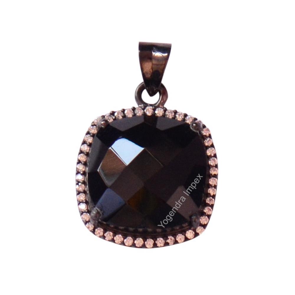 Cushion Shape Natural Black Onyx Gemstone Pendant/ Black Rhodium Plated 925 Sterling Silver Pendant Jewelry