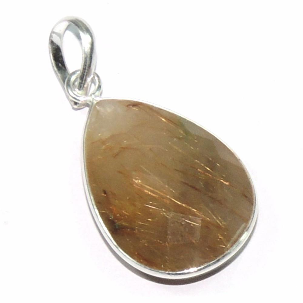 Pear Shape Natural Golden Rutile Gemstone 925 Sterling Silver Pendant/ Handmade Bezel Set Pendant Jewelry For Wholesaler