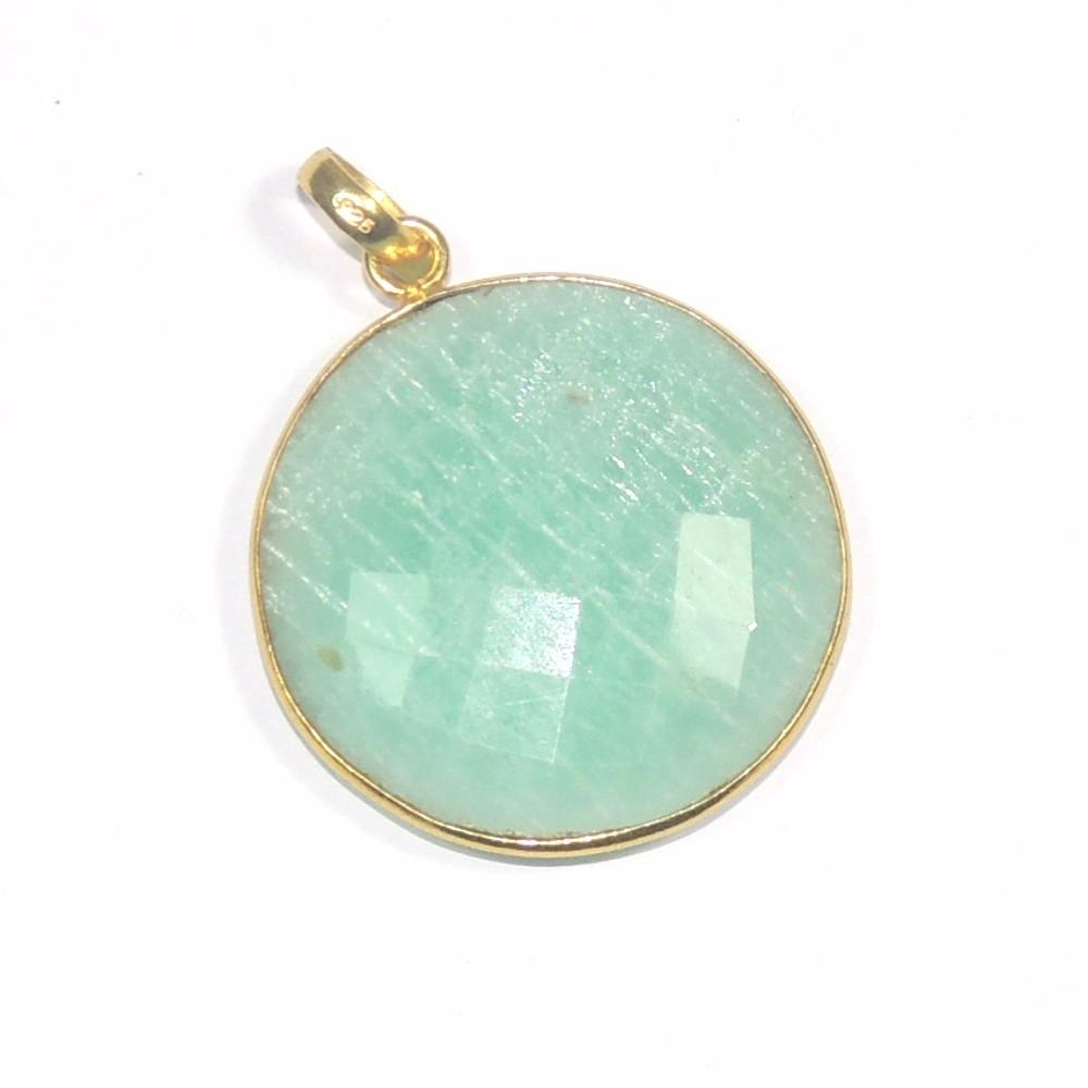 Round Shape Natural Amazonite Gemstone 925 Sterling Silver Pendant, Handmade Green Gemstone Pendant Jewelry For Wholesaler