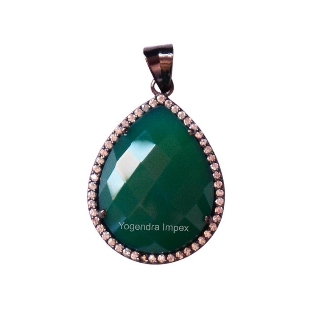 Pear Green Onyx Gemstone 925 Sterling Silver Pendant/ Black Rhodium Plated Pendant Jewelry For Wholesale Supplies