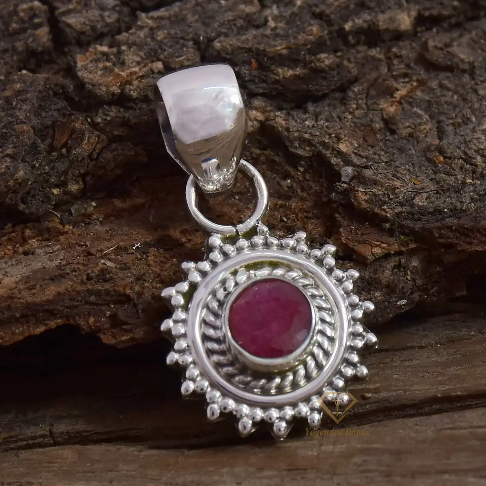 Round Shape Natural Ruby Gemstone Pendant, Handmade 925 Sterling Silver Bezel Boho Pendant Jewelry For Wholesale Supplies