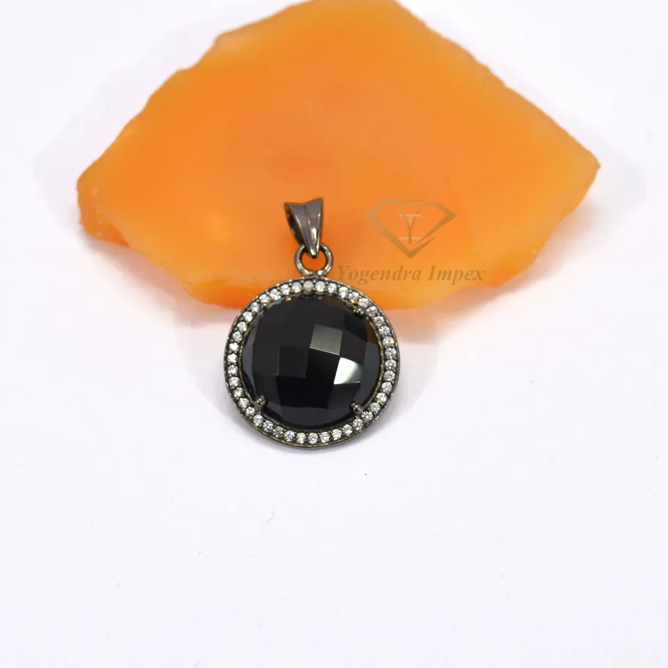 Round Black Onyx Gemstone Pendant, 925 Sterling Silver Round Shape Pendant Jewelry For Wholesale Suppliers