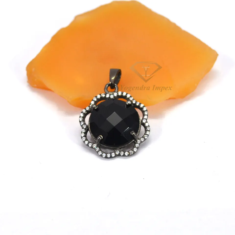 Round Shape Black Onyx Gemstone 925 Sterling Silver Black Rhodium Plated Pendant For Wholesale suppliers