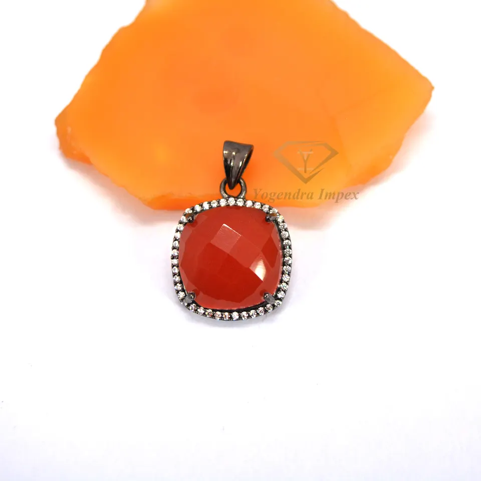 Cushion Shape Carnelian Gemstone Pendant With Cubic Zirconia 925 Sterling Silver Black Rhodium Plated For Wholesale Suppliers