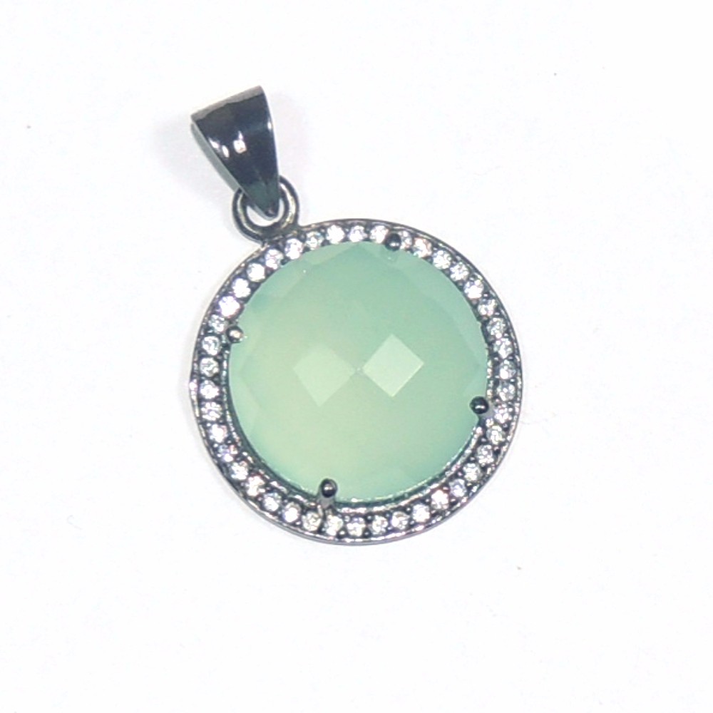 Peru Chalcedony With CZ Round Shape 925 Sterling Silver Pendant with black rodhium plating exclusive beautiful design gemstone
