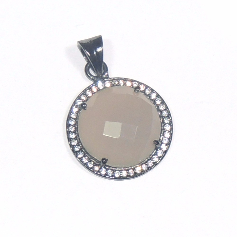 New vintage style latest design Gray Chalcedony with CZ Round Shape 925 Sterling Silver Pendant with excellent quality
