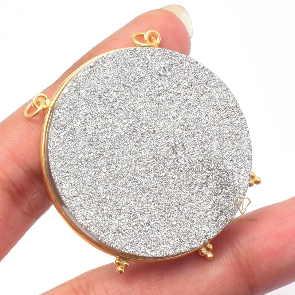 Round Natural Silver Titanium Druzy Gemstone Pendant Handmade Glitter Sterling Silver Pendant Necklace For Wholesale Suppliers
