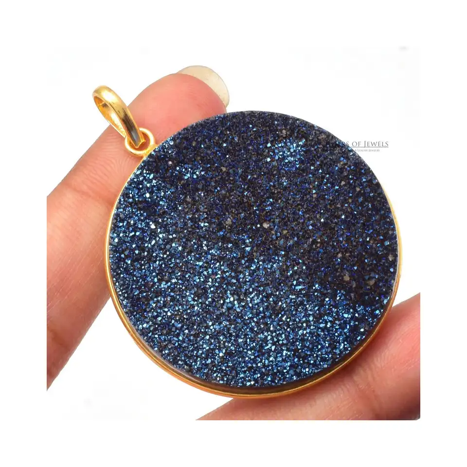 18k Gold Plated Blue Titanium Druzy Gemstone Pendant For Necklace 925 Sterling Silver Deep Blue Druzy Pendant For Wholesaler