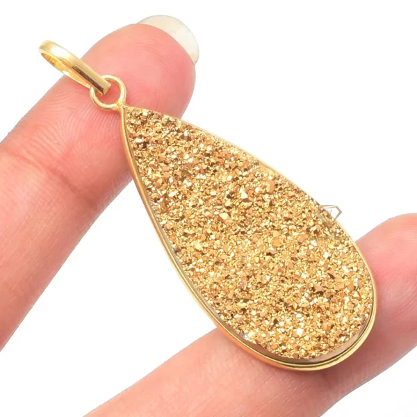 Teardrop Gold Titanium Druzy Gemstone Pendant/ 925 Sterling Silver Handmade Glitter Druzy Gemstone For Wholesale Suppliers