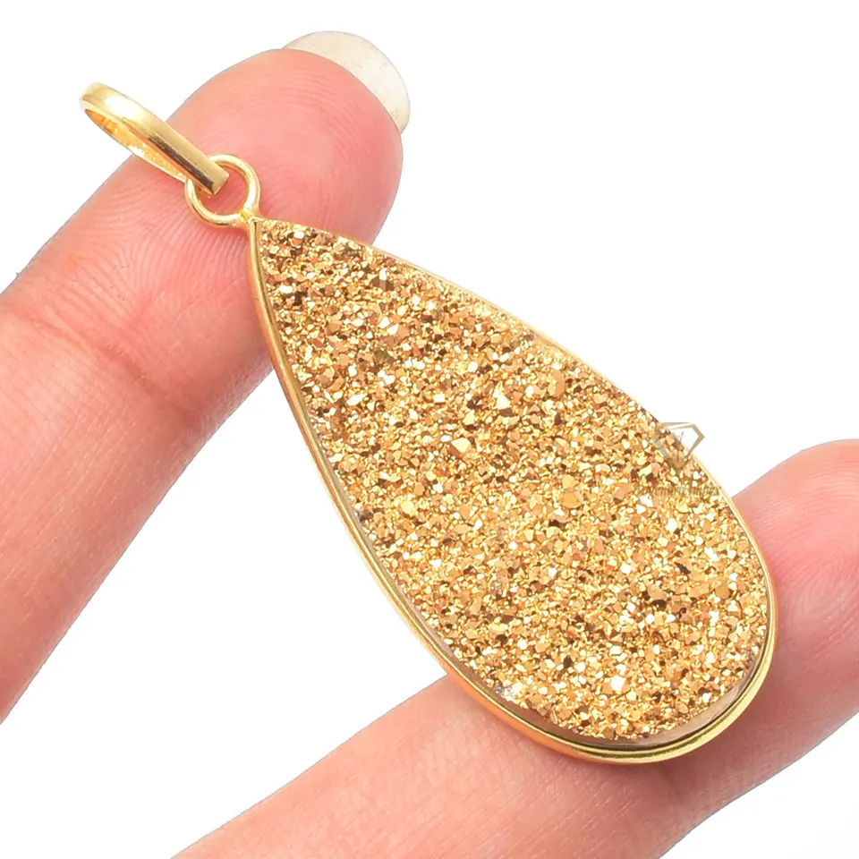 Teardrop Gold Titanium Druzy Gemstone Pendant/ 925 Sterling Silver Handmade Glitter Druzy Gemstone For Wholesale Suppliers