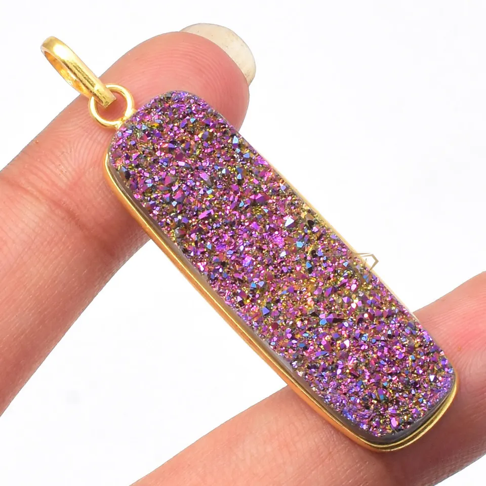 Hot Pink Titanium Druzy Gemstone Pendant 925 Sterling Silver Handmade Bezel 18k Gold Plated Rectangle Pendant For Wholesaler