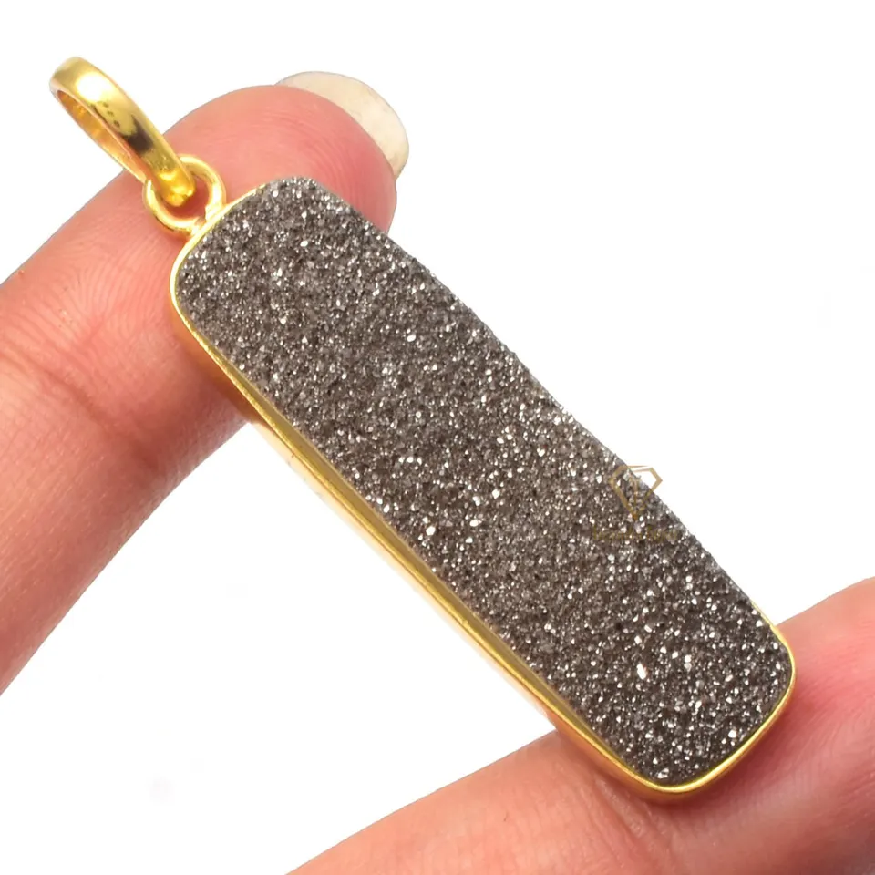 Gorgeous Gray Titanium Druzy Gemstone Earrings 925 Sterling Silver 18k Gold Plated Real Druzy Drop Pendant For Wholesaler