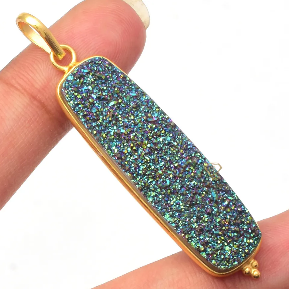 3A+ Green Titanium Druzy Gemstone Pendant For Necklace Solid 925 Sterling Silver Rectangle Bar Silver Jewelry For Suppliers