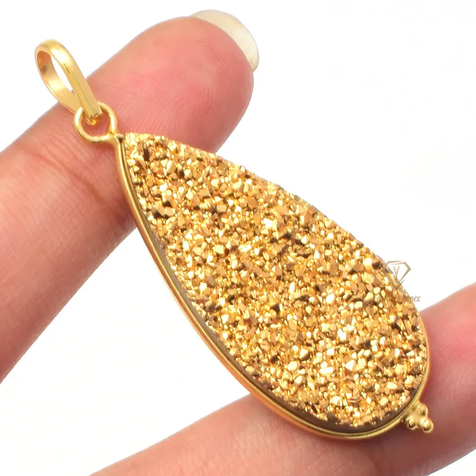 Handmade Pear Gold Titanium Druzy Gemstone Pendant 925 Sterling Solid Silver/ Gold Plated Pendant Druzy Necklace For Suppliers