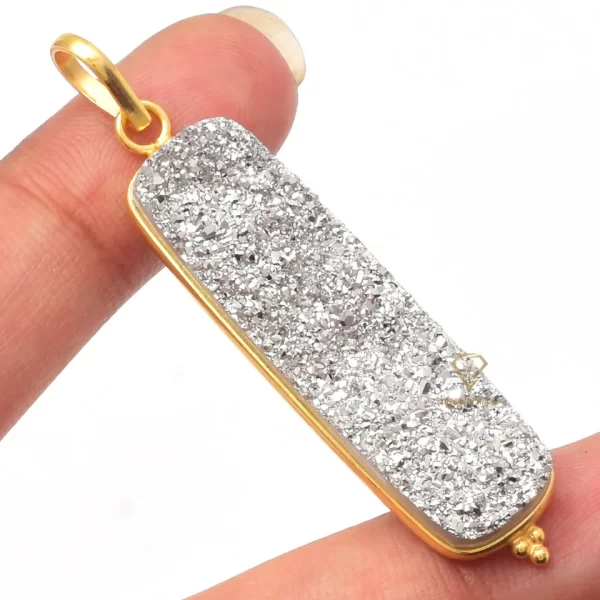 Rectangle Silver Titanium Druzy Gemstone Pendant Sterling Silver Pendant/ Natural Stone Druzy Bar Necklace Wholesale Supplier