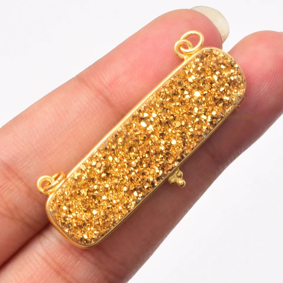3A+ Gold Titanium Druzy Gemstone Pendant/ 925 Sterling Silver Glitter 18k Gold Sparkly Druzy Bar Pendant Jewelry For Suppliers