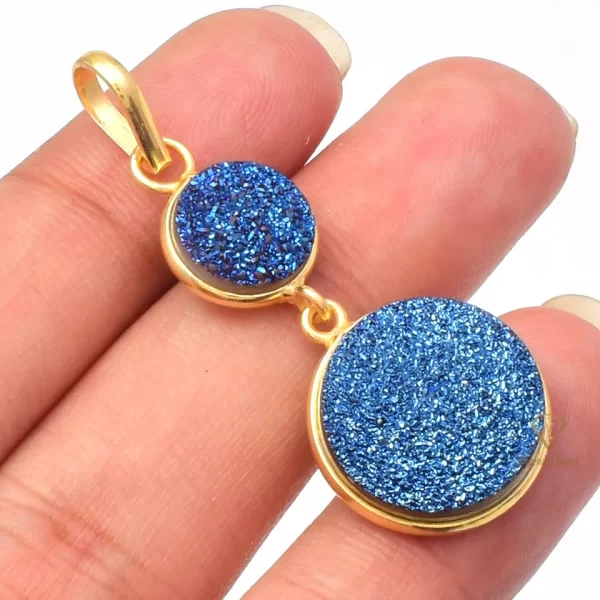 Round Blue Titanium Druzy Gemstone Pendant Top Quality 925 Sterling Silver Double Druzy Pendant For Wholesale Suppliers