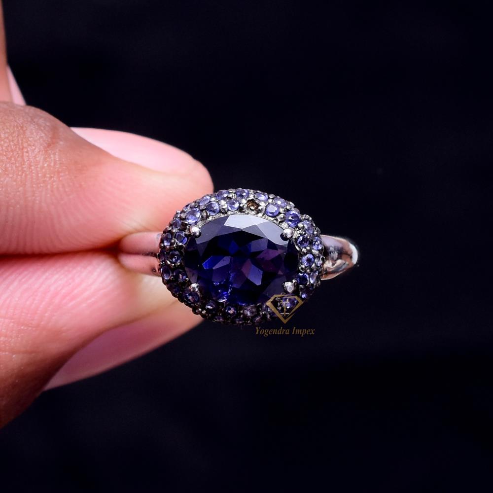 Gorgeous Natural Iolite Gemstone 925 Sterling Silver Ring, Silver Bridel Designer Blue Gemstone Ring For Wholesale Suppliers