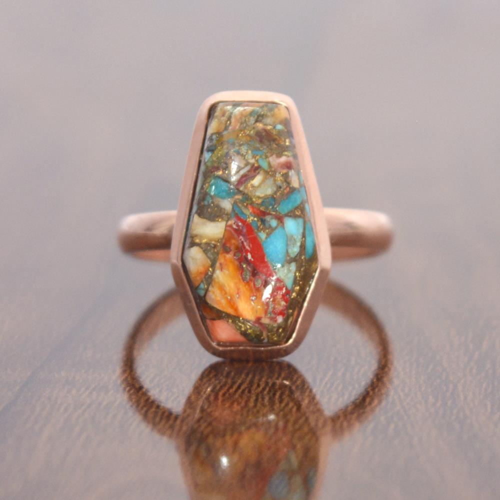 Rose Gold Plated Spiny Blue Oyster Turquoise Coffin Gemstone Ring/925 Sterling Silver Bezel Set Ring Wholesale Supplier