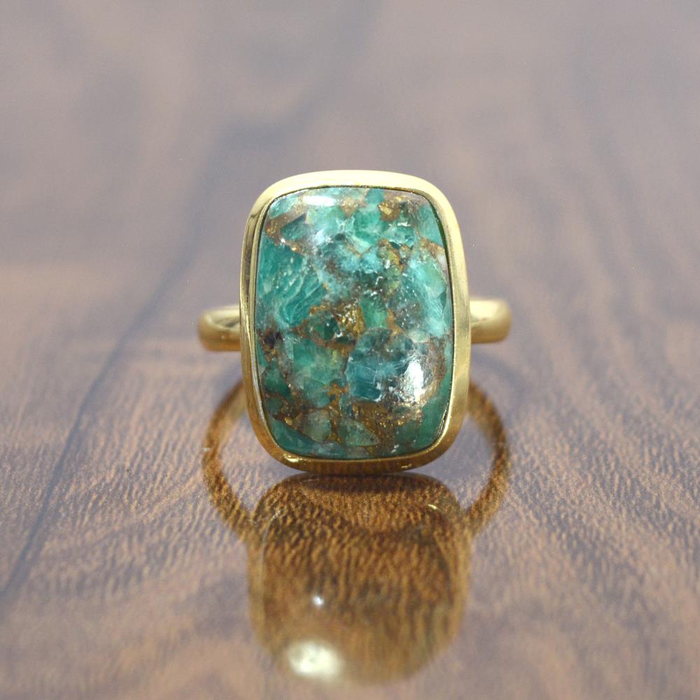 Gorgeous 18k Gold Plated Green Amazonite Cushion Gemstone Ring Wholesale/925 Sterling Silver Bezel Ring Supplier