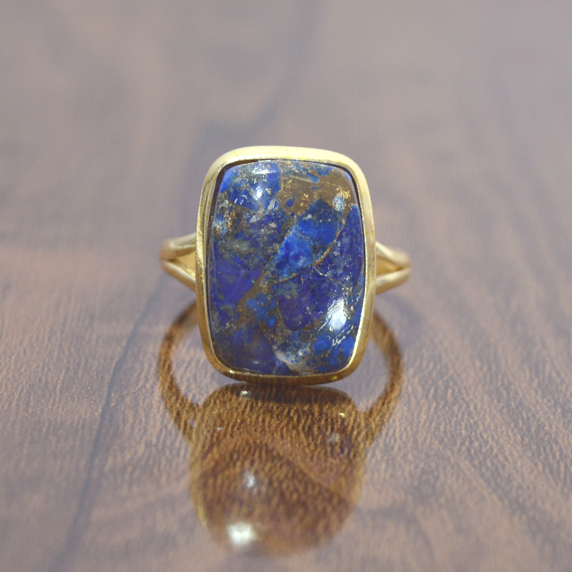 Handmade 18k Gold Plated Lapis Lazuli Cushion Gemstone Ring/925 Sterling Silver Blue Gemstone Ring Wholesaler Supplier