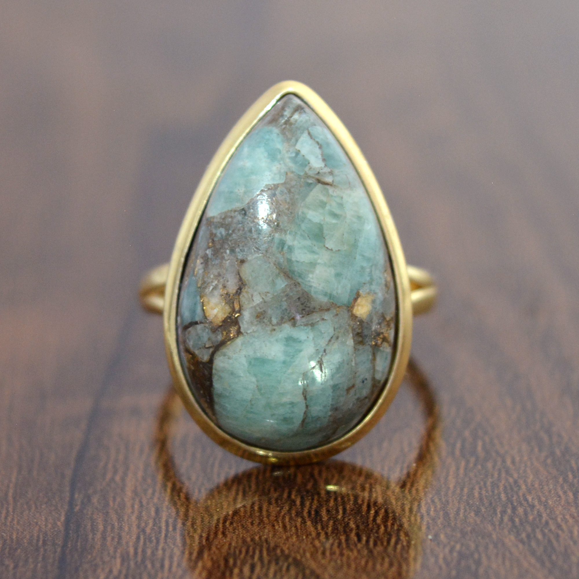 Handmade 18k Gold Plated Amazonite Pear Gemstone Ring Wholesale/925 Sterling Silver Big Stone Ring Manufacturer