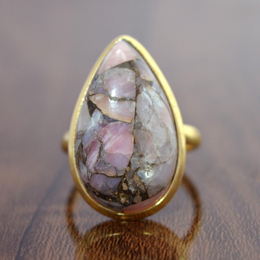 Vintage 18k Gold Plated Pink Opal Pear Gemstone Ring Wholesale 925 Sterling Silver Cabochon Ring Manufacturer & Supplies