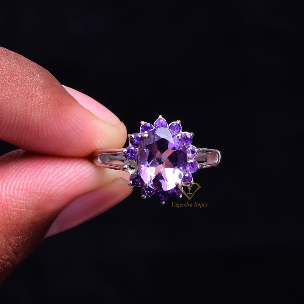 Natural African Amethyst Gemstone 925 Sterling Silver Ring/ Handmade Silver Prong Set Purple Gemstone Ring For Suppliers