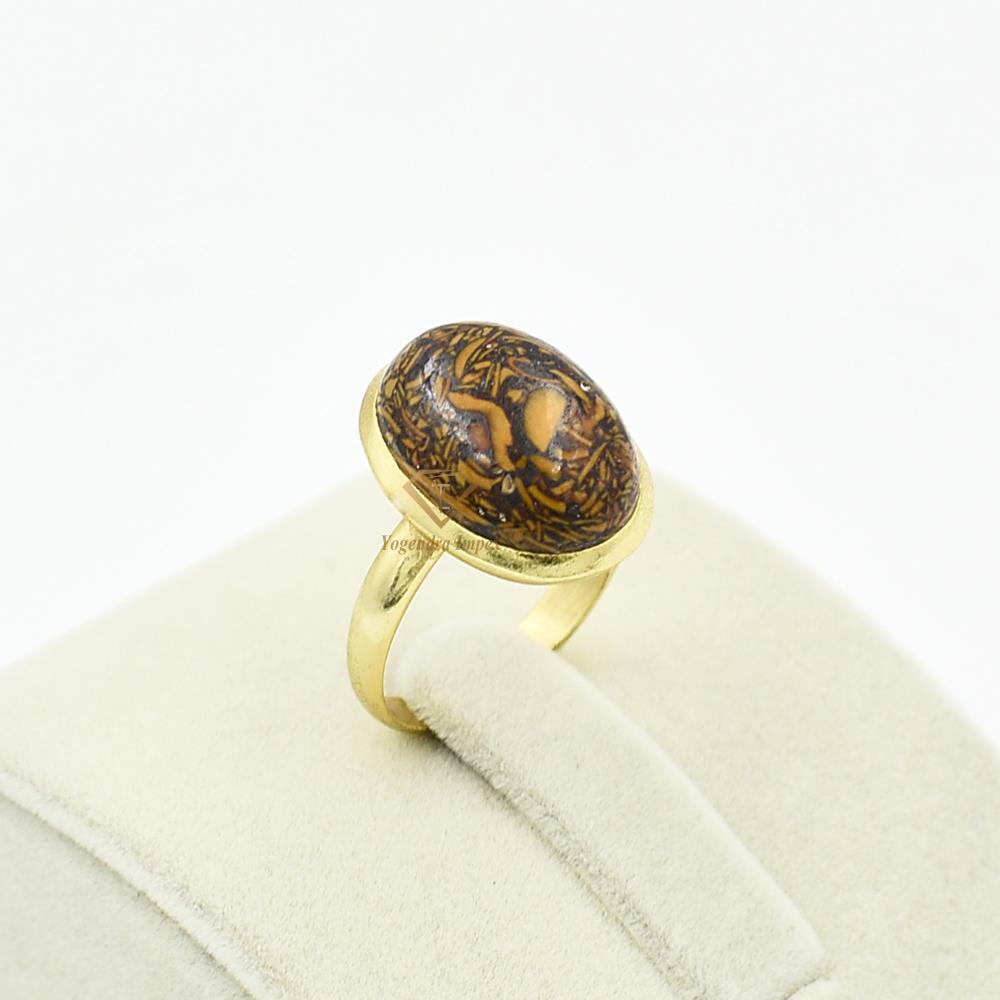 Oval Shape Natural Miriam Jasper Gemstone 925 Sterling Silver Ring, Wholesale Designer Ring Yellow Gold Plated For Suppliers