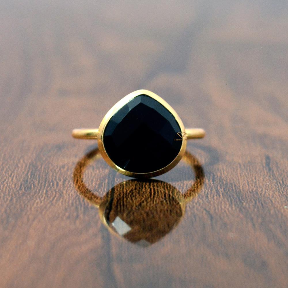 Wholesale 18k Gold Plated Black Onyx Pear Shape Gemstone Rings Handmade 925 Sterling Silver Black Gemstone Rings